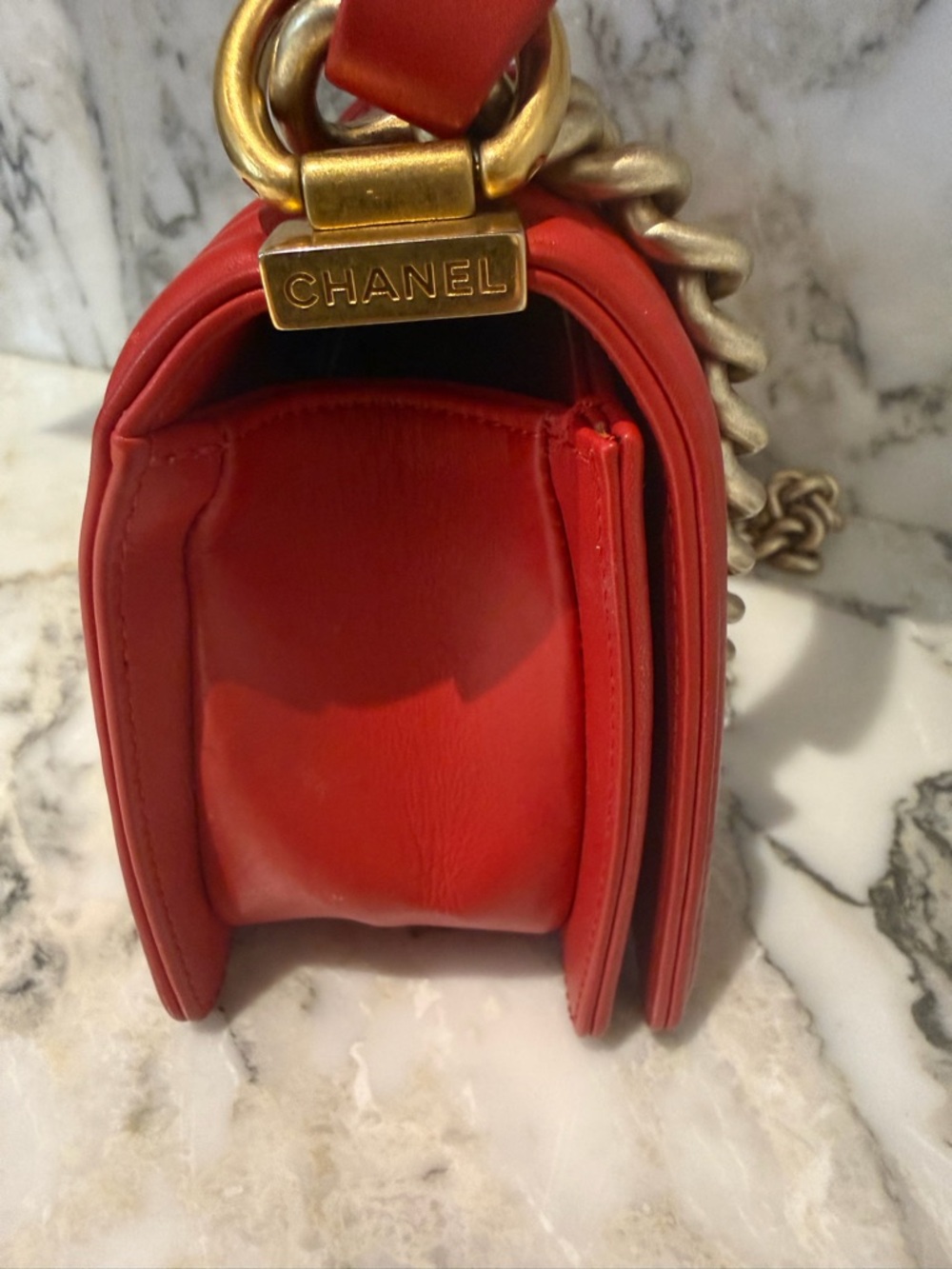 CHANEL Red Quilted Python Boy Bag with Gold-Tone Hardware - Picture 5 of 9